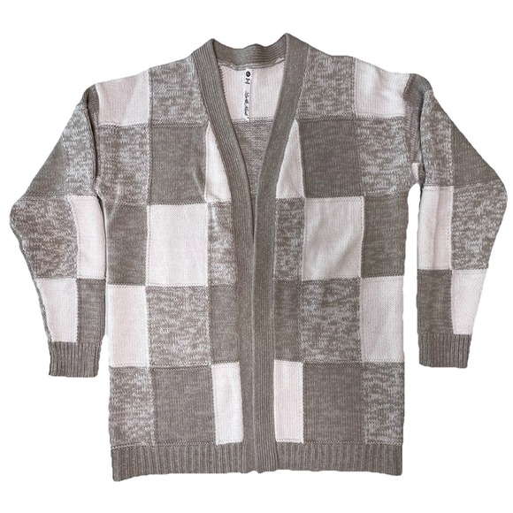 Leo & Nicole Sweaters - Leo‎ & Nicole Oatmeal Taupe Cardigan Windowpane Sweater Open Front Knit Size P L
